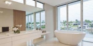 modern freestanding bathtub in master bathroom