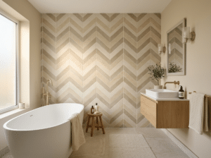 A bathroom feature wall with chevron tile pattern.