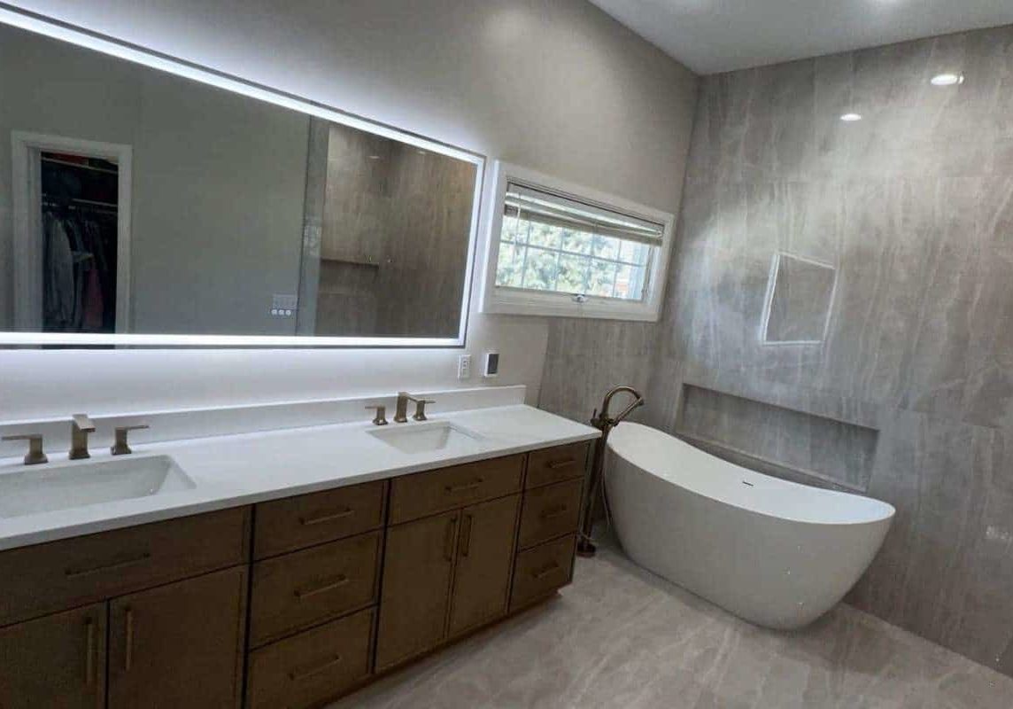modern bathroom lighting design with layered fixtures